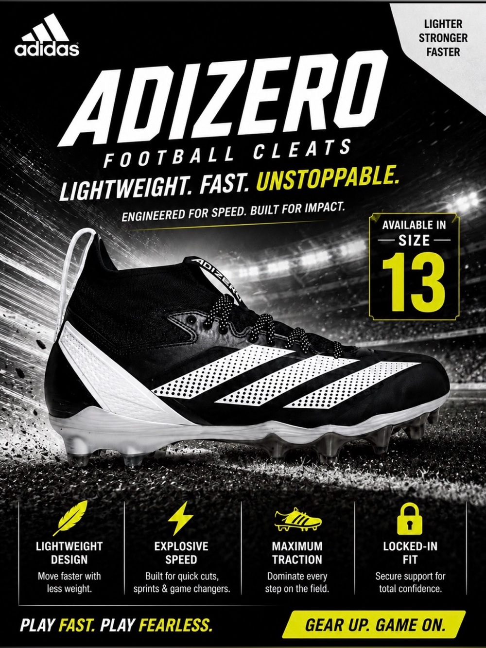 ADIDAS ADIZERO IMPACT+ FOOTBALL CLEATS, Size 13 (Black & White)